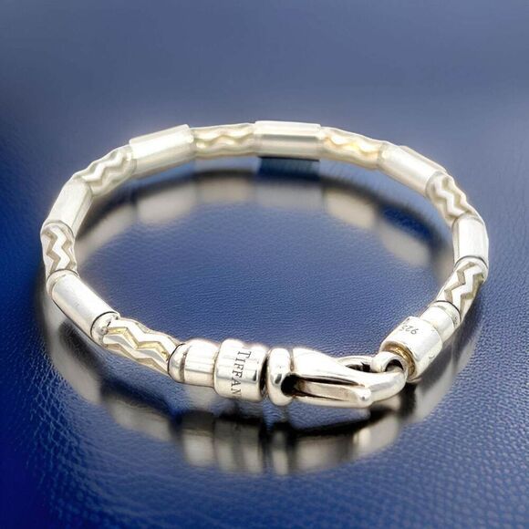 Tiffany & Co Estate German Zig Zag Bracelet 7.5" Sterling Silver 4.5 mm TIF705 - Picture 1 of 13